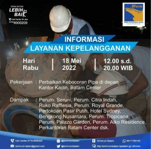 SPAM Batam Perbaiki Pipa Air Yang Bocor Depan Kantor Kadin, Ini Daerah Terdampak