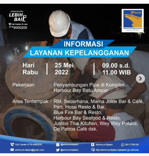 SPAM Batam Lakukan Penyambungan Pipa, Sebagian Area Harbour Bay Terdampak