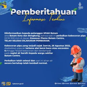 Perbaikan Pipa Depan Plamo Telah Selesai, Suplai Air Batam Center Berangsur Normal